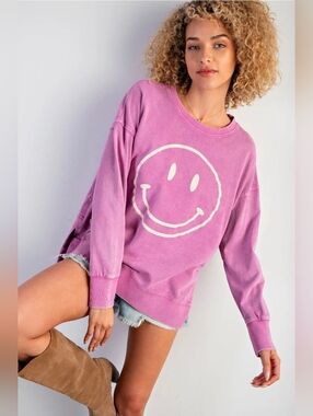 Easel Pink Mineral Wash Smiley Face Pullover | Size S